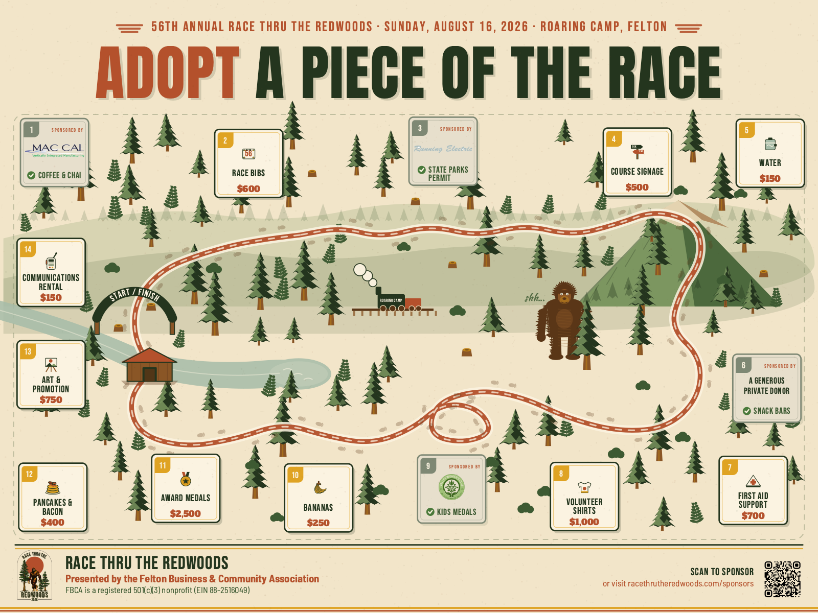 Illustrated race-day map poster showing 14 individually sponsorable items along the course, listed in detail below.